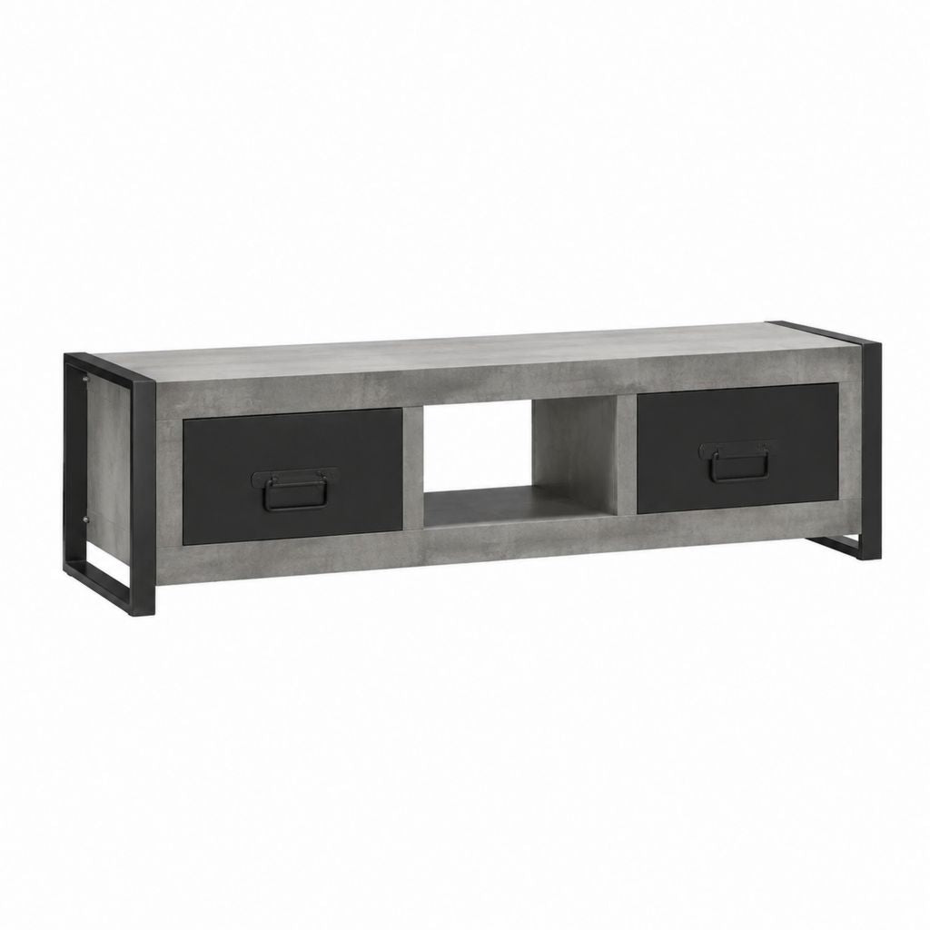 TV-Lowboard Betonoptik Grau Schwarz aus Spanplatte und Stahl 140 x 40 x 50 cm mit 2 Schubladen