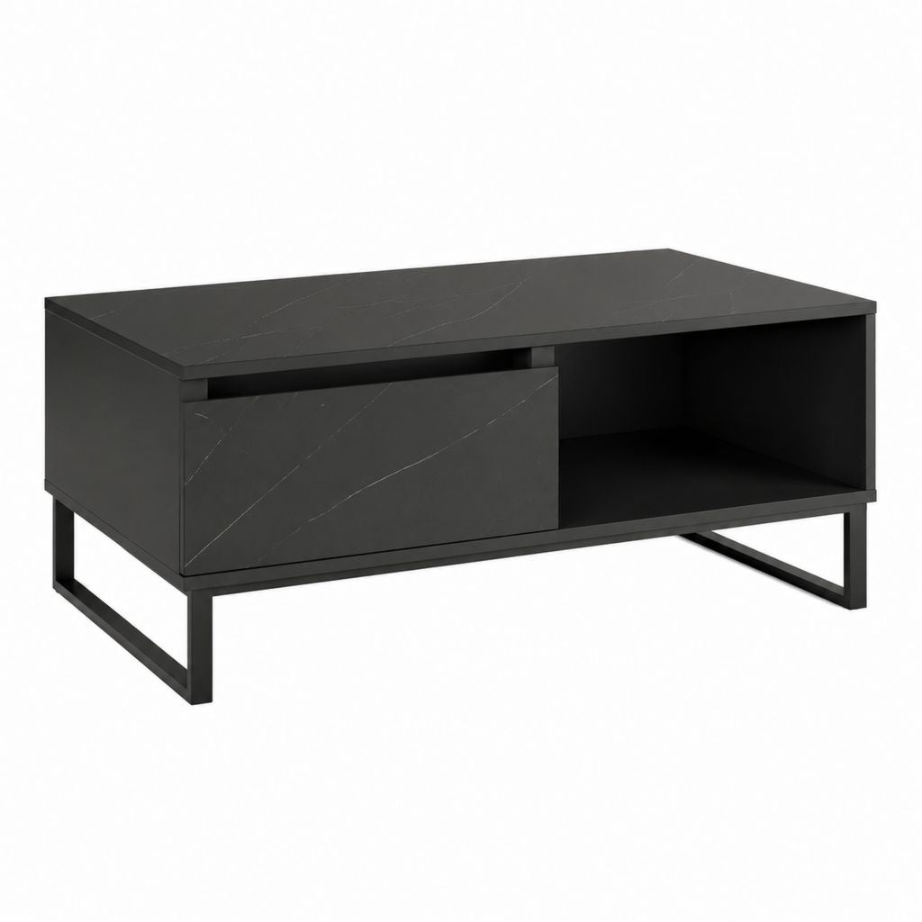 Couchtisch Schwarz Spanplatte Stahl Rechteckig 100 x 60 x 45 cm mit Schublade und offenem Fach