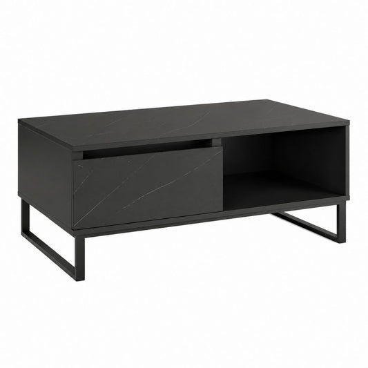 Couchtisch Schwarz Spanplatte Stahl Rechteckig 100 x 60 x 45 cm mit Schublade und offenem Fach