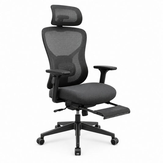 Ergonomischer Bürostuhl Schwarz mit Polyester-Netzrücken Kopfstütze Fußstütze 65 x 65 x 118-128 cm