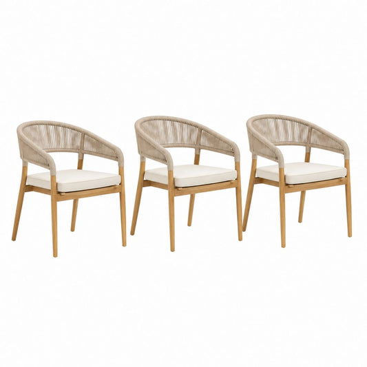 Gartenstühle 3er Set Naturfarben aus massivem Akazienholz mit Polypropylen-Seilgeflecht und cremefarbenen Sitzkissen 56 x 60 x 78 cm